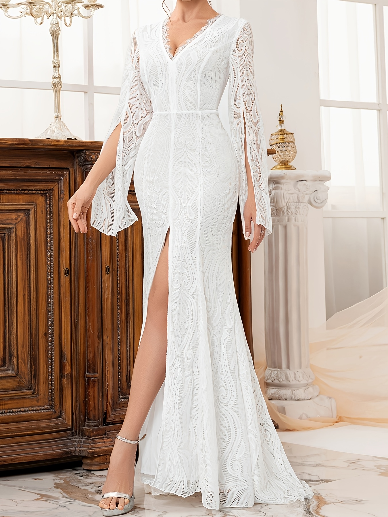 This Is a Stylish And Sophisticated Long Mermaid Dress for Women, Featuring a Sexy Lace V-Neck And a Side Slit. It'S an Ideal Choice for Bridesmaids at Weddings, Formal Banquets, And High-End Occasions - Image 3