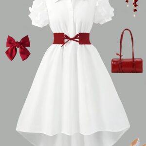 Spring/Summer New Fashion for Girls, Elegant, Gentle, Simple, and Artistic Design, Solid Color Lapel Short Sleeve Dress with Three-Dimensional Floral Embellishments, Includes a Simple and Versatile Solid Color Belt, Suitable for Daily Casual Outings