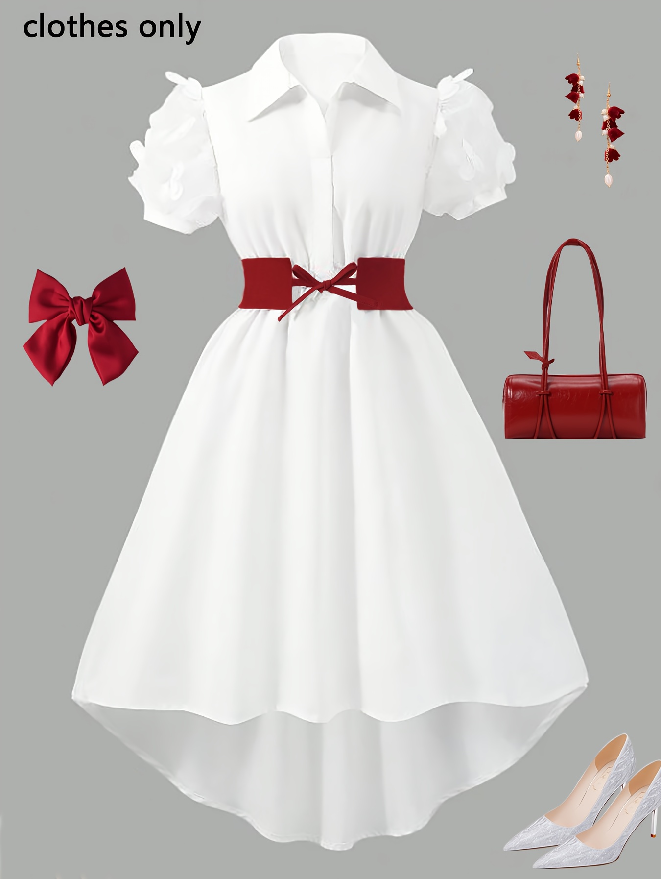 Spring/Summer New Fashion for Girls, Elegant, Gentle, Simple, and Artistic Design, Solid Color Lapel Short Sleeve Dress with Three-Dimensional Floral Embellishments, Includes a Simple and Versatile Solid Color Belt, Suitable for Daily Casual Outings