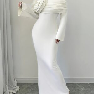 New Spring And Autumn Stylish Elegant Pure White Large Flower One-Shoulder Long Sleeve Sexy Bodycon Women'S Long Dress