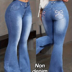 [Printed Pants - Not Denim Fabric] Printed Legging - Not Denim Fabric Women's Imitation Denim Flared Pants, Women's Denim Print Flared Trousers