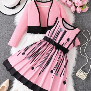 A Casual Dress for Girls Featuring a Random Print, Round Neck, And Bow, Paired with a Fringed Cardigan Set. Made from Comfortable, Skin-Friendly Fabric, It'S Perfect for Everyday Wear, Outdoor Activities, Parties, And Other Special Occasions