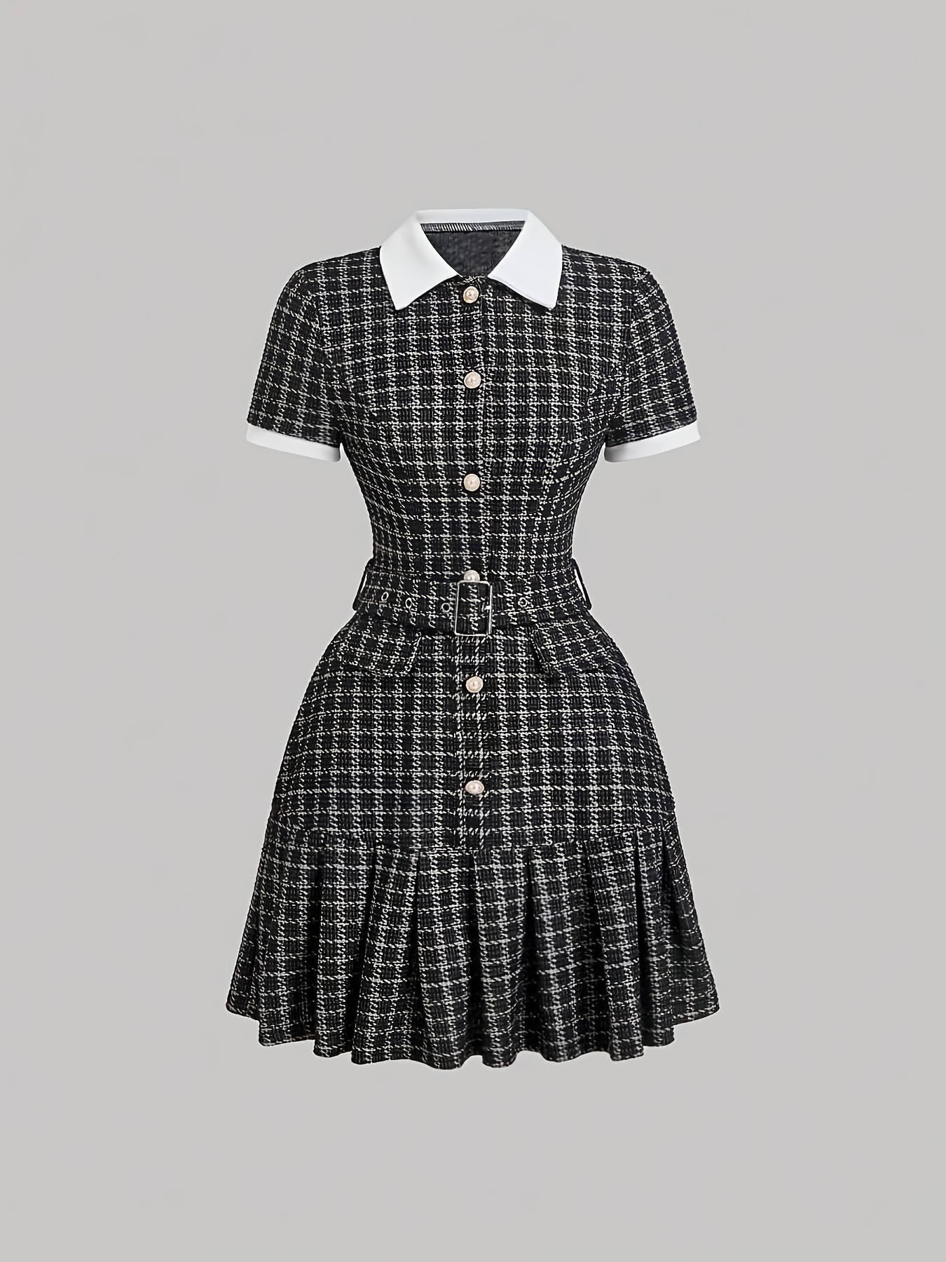 A Short-Sleeved Dress Featuring a Clear Checkered Pattern in a Vintage French Style, Combined with Retro Chess Prints. Perfect for Wear, It Embodies a Aesthetic with an Old-Money Vibe, Showcasing a Preppy Look. Adorned with Pearl Button Details And - Image 2