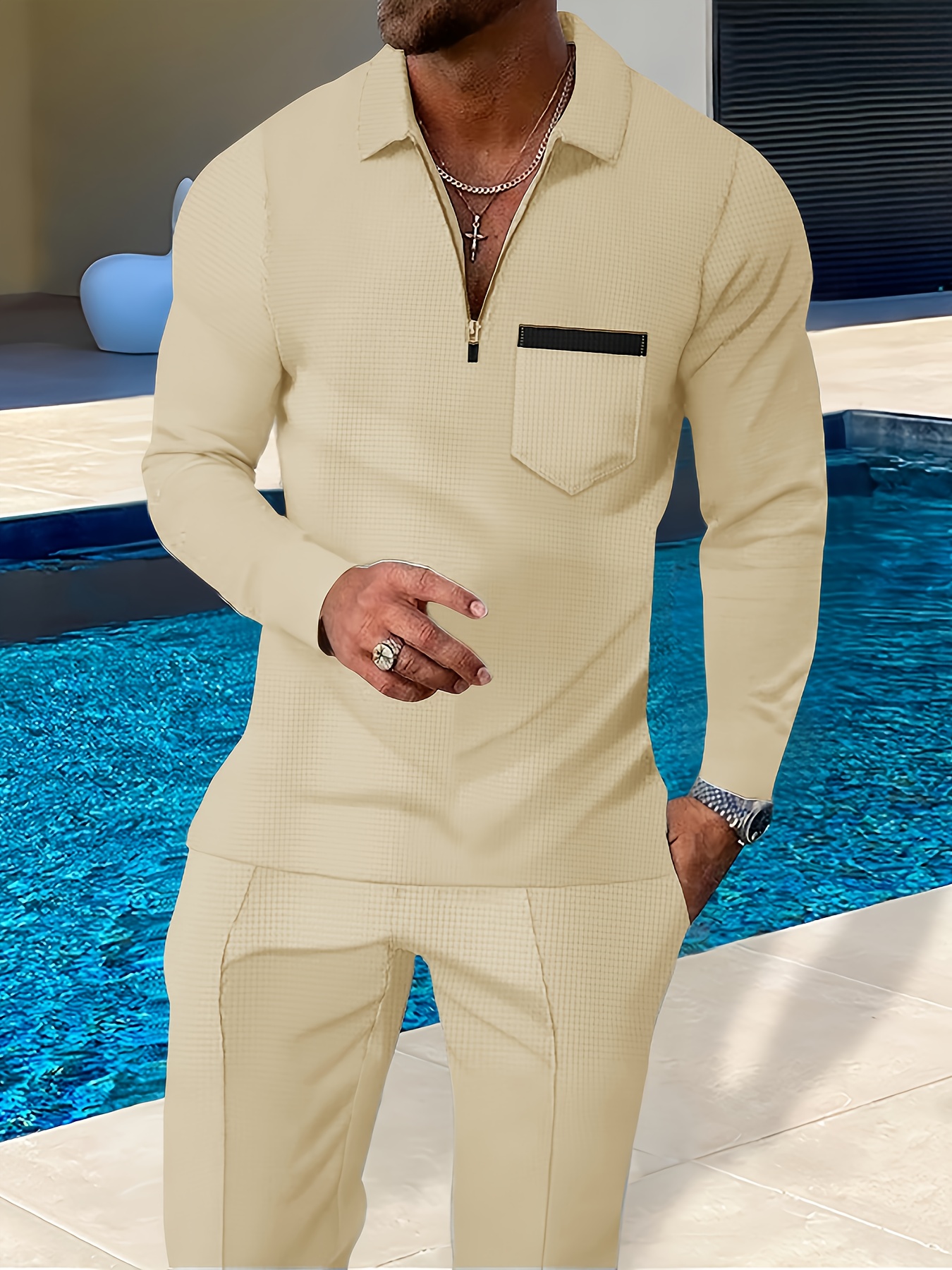 Spring And Autumn New Men'S Suit Lapel Short Zipper Waffle Jacquard Trendy Street Long-Sleeved Top And Solid Color Versatile Comfortable Pants Men'S Two-Piece Suit Clothing - Image 7