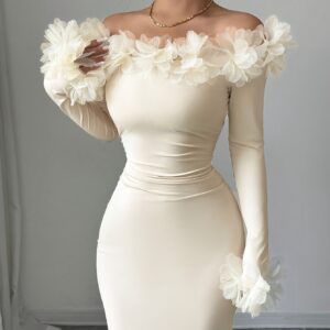 Women's Elegant and Fashionable Solid Color Floral Embellished One-Shoulder Neckline with Lace Trim on Neckline and Cuffs, Waist Gathered Fit-and-Flare Long Sleeve Mermaid Sheath Evening Gown