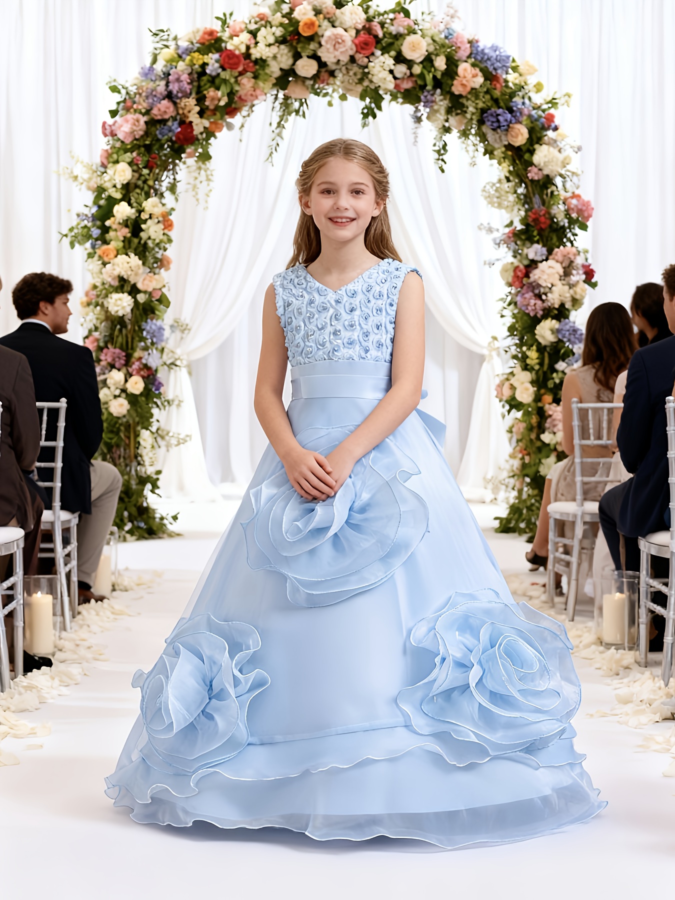 New High-End Girls' Princess Gown: Single-piece Sleeveless 3D Rose Embroidery Top + Full-skirt Organza Ball Gown with 3D Floral Accents. Elegant, Stylish, Sweetideal for Wedding Flower Girls, Birthday Parties, Festivals. - Image 2