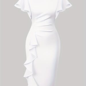 Women'S Solid Color Pleated Sleeve Fitted Vintage Mid-Length Pencil Skirt