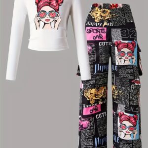 This Is a Sweet And Casual Autumn Outfit for Girls, Featuring Cartoon Prints And Fitted Long Sleeves with Pockets, Not Including Bags Or Other Additions. It Is Suitable for School Uniforms And Teen Girls' Clothing