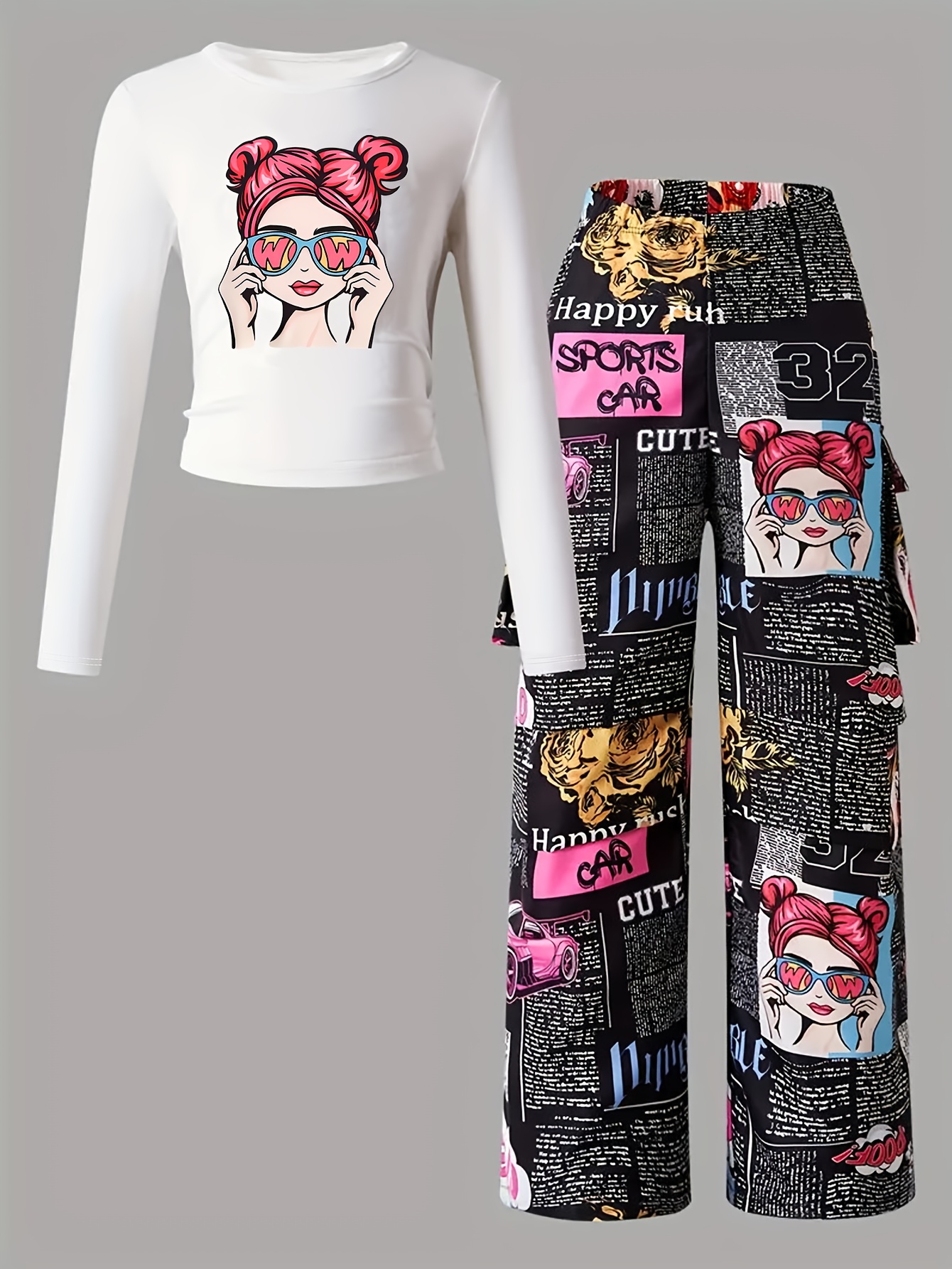 This Is a Sweet And Casual Autumn Outfit for Girls, Featuring Cartoon Prints And Fitted Long Sleeves with Pockets, Not Including Bags Or Other Additions. It Is Suitable for School Uniforms And Teen Girls' Clothing