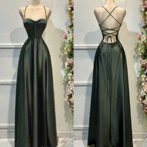 Elegant Solid Color Satin Spaghetti Strap Dress with Tie Back and Slit | Perfect for Parties, Weddings, and Bridesmaid Duties