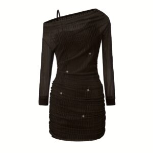 EXARUS Special Occasion Dresses for Girls, Solid Hue, Breathable, Shimmering Off-Shoulder Mesh Dress, Mid-Length Slim Fit Pleated Pencil Skirt, Party Dance Pencil Skirt with Non-Slip Shoulder Pads, Ideal for Ages 8-14