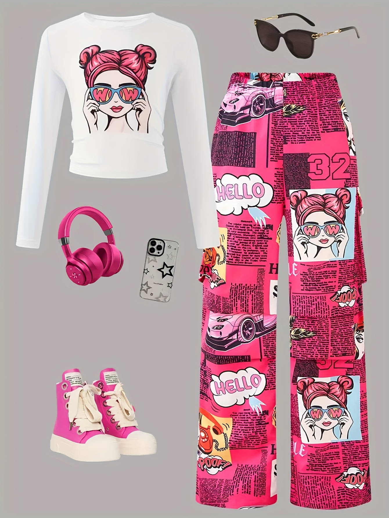 High-Rated Cool Girl Street Style Featuring a Cartoon Print Top Paired with Straight Cargo Pants That Have Side Pockets. This Is a Spring And Autumn Outfit, Excluding Bags And Other Additions. It Includes Girls' School Uniforms - Image 2