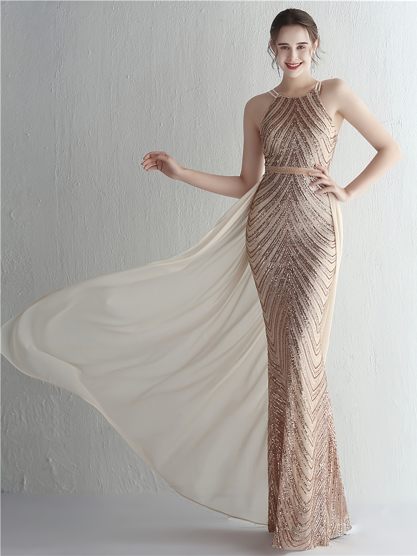 Tan-Colored Women'S Evening Dress, 2026 Spring/Summer Collection, Exquisite And Sexy Hot Style, Paired with Spaghetti Strap Design, Mermaid Tail Embellished Dress, Very Suitable for Parties And Carnival Dressing - Image 3