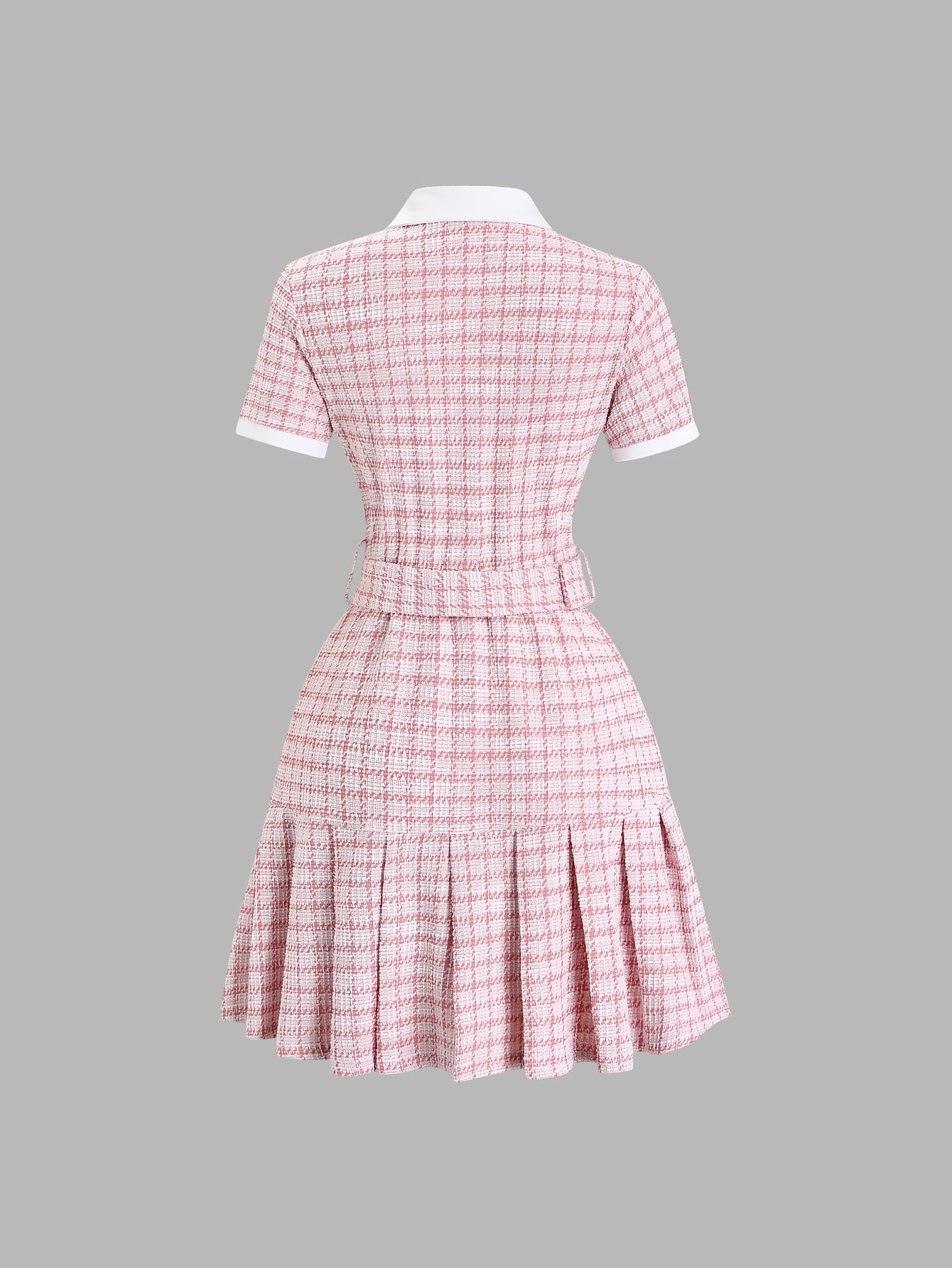 A Short-Sleeved Dress Featuring a Clear Checkered Pattern in a Vintage French Style, Combined with Retro Chess Prints. Perfect for Wear, It Embodies a Aesthetic with an Old-Money Vibe, Showcasing a Preppy Look. Adorned with Pearl Button Details And - Image 10