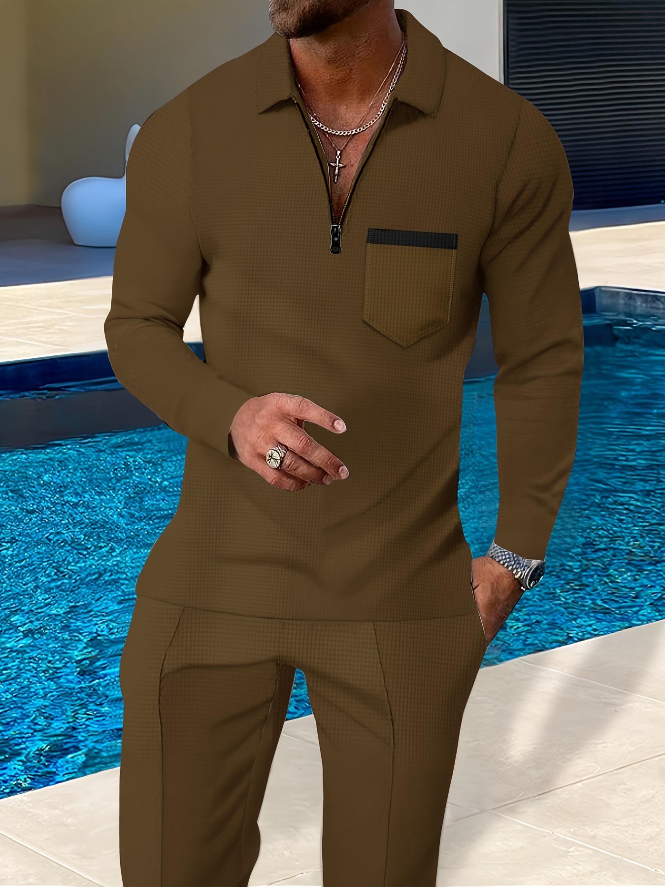 Spring And Autumn New Men'S Suit Lapel Short Zipper Waffle Jacquard Trendy Street Long-Sleeved Top And Solid Color Versatile Comfortable Pants Men'S Two-Piece Suit Clothing - Image 3