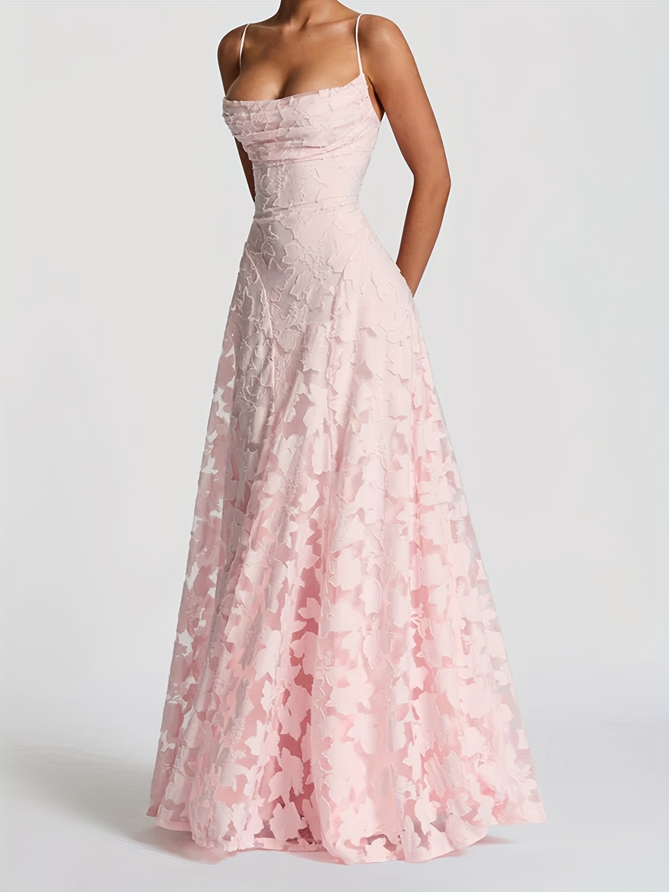 Sophisticated A-Line Party Dress for Women with Spaghetti Straps And Back Tie - Long Summer Formal Gown Made from Unique Fabric, Washable in Machine, Solid Hue Ideal for Weddings And Evening Gatherings, Perfect Attire for Wedding Guests - Image 3