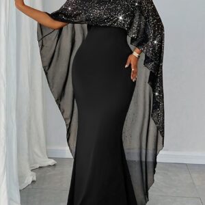 [Elegant Evening Dress] Elegant Evening Dress - Long Sleeve Bodycon Dress for Women, Green with Sparkling Mesh Detail, Round Neck, Flowing Design, Perfect for All Seasons, Formal Wear | Mesh Detailing