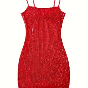 EXARUS Girls' Short Bodycon Dress with Spaghetti Straps And Sequins for Homecoming, Off-The-Shoulder Mini Dress for Ages 6-14