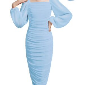 EXARUS Girls Ruched Bodycon Square Neck Dress Teens Chiffon Lantern Sleeve Homecoming Dance Midi Long Dresses