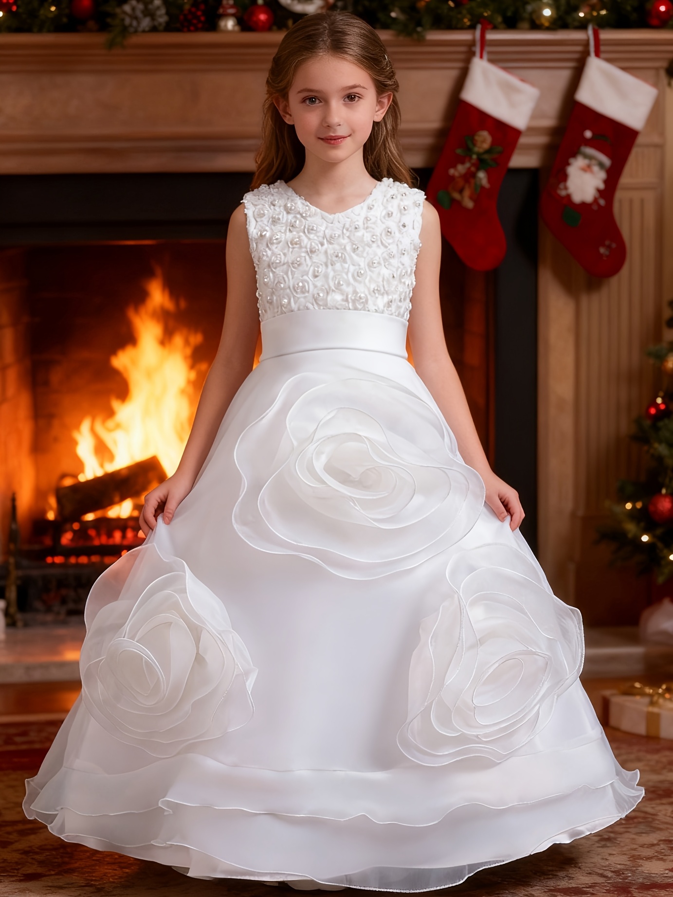 New High-End Girls' Princess Gown: Single-piece Sleeveless 3D Rose Embroidery Top + Full-skirt Organza Ball Gown with 3D Floral Accents. Elegant, Stylish, Sweetideal for Wedding Flower Girls, Birthday Parties, Festivals. - Image 4
