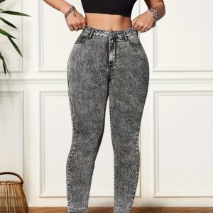 Plus Size Women'S High-Waisted Slim-Fit Stretch Skinny Pants - Gray Solid Color with Button Detail, All-Season Elegant Tummy Control Leggings for Casual & Formal Wear, High Waist Pants, Versatile Clothing, Stylish Footwear, Snug Fit