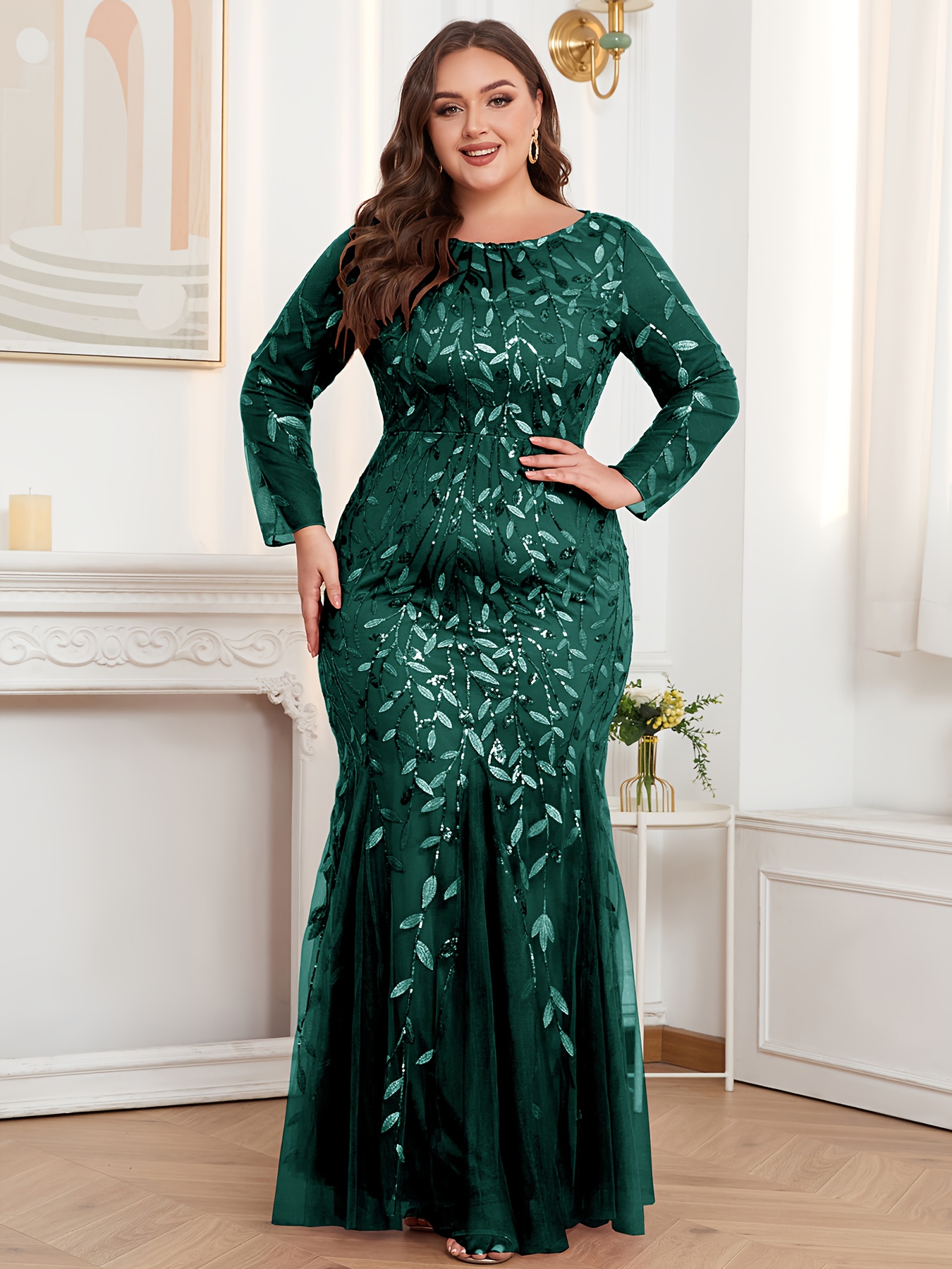 Plus Size, Women's Solid Color Long Sleeve Round Neck Fully Lined Back Zipper Fishtail Maxi Dress Embroidered Evening Dress Mesh Host Wedding Dress Splicing Party Dress - Image 2