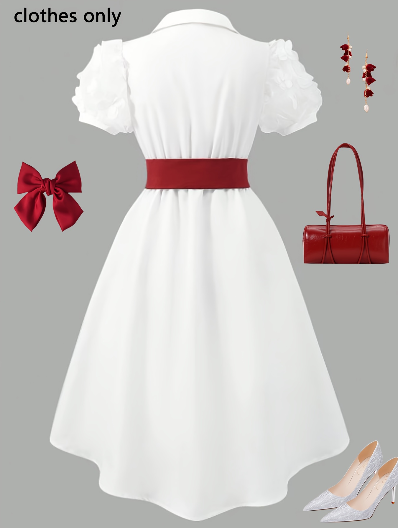 Spring/Summer New Fashion for Girls, Elegant, Gentle, Simple, and Artistic Design, Solid Color Lapel Short Sleeve Dress with Three-Dimensional Floral Embellishments, Includes a Simple and Versatile Solid Color Belt, Suitable for Daily Casual Outings - Image 2