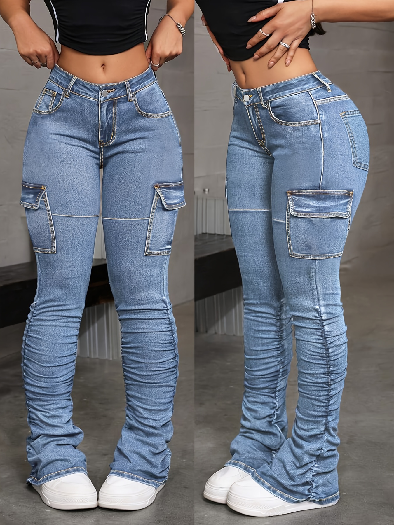 Plus Size High Waisted Cargo Jeans for Women - Blue High Stretch Denim with Side Flap Pockets, Patchwork & Ruched Cuffs, Street Fashion Trendy Style for Parties & Daily Outings - Image 6