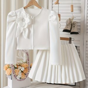 Spring and Autumn New Fashionable Girls' Outfit: A Stylish, Elegant, and Adorable Long-sleeved Top with a Sunny Design Featuring Exquisite White Three-dimensional Floral Embellishments, Paired with a Versatile and Fashionable Skirt