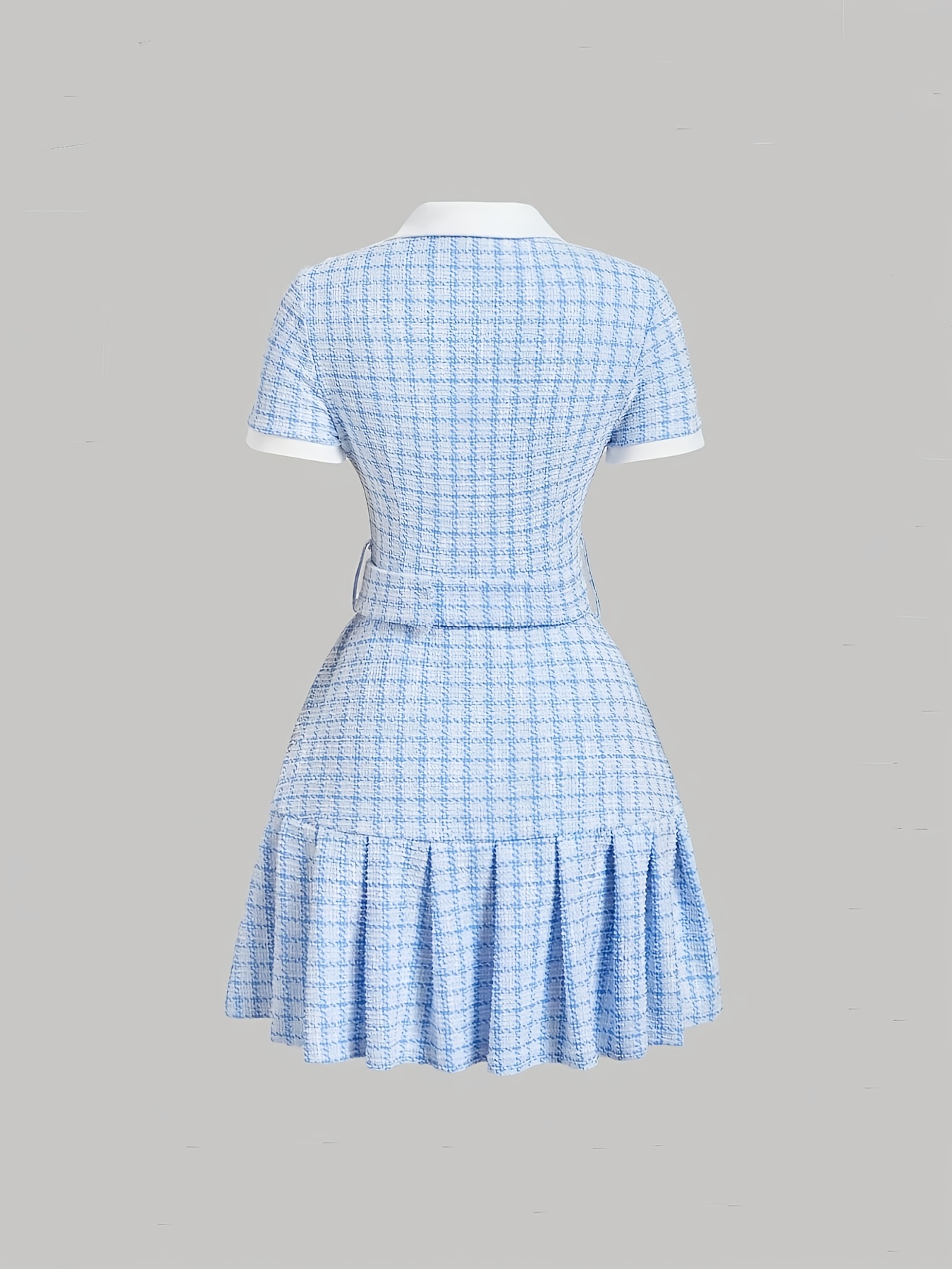 A Short-Sleeved Dress Featuring a Clear Checkered Pattern in a Vintage French Style, Combined with Retro Chess Prints. Perfect for Wear, It Embodies a Aesthetic with an Old-Money Vibe, Showcasing a Preppy Look. Adorned with Pearl Button Details And - Image 7