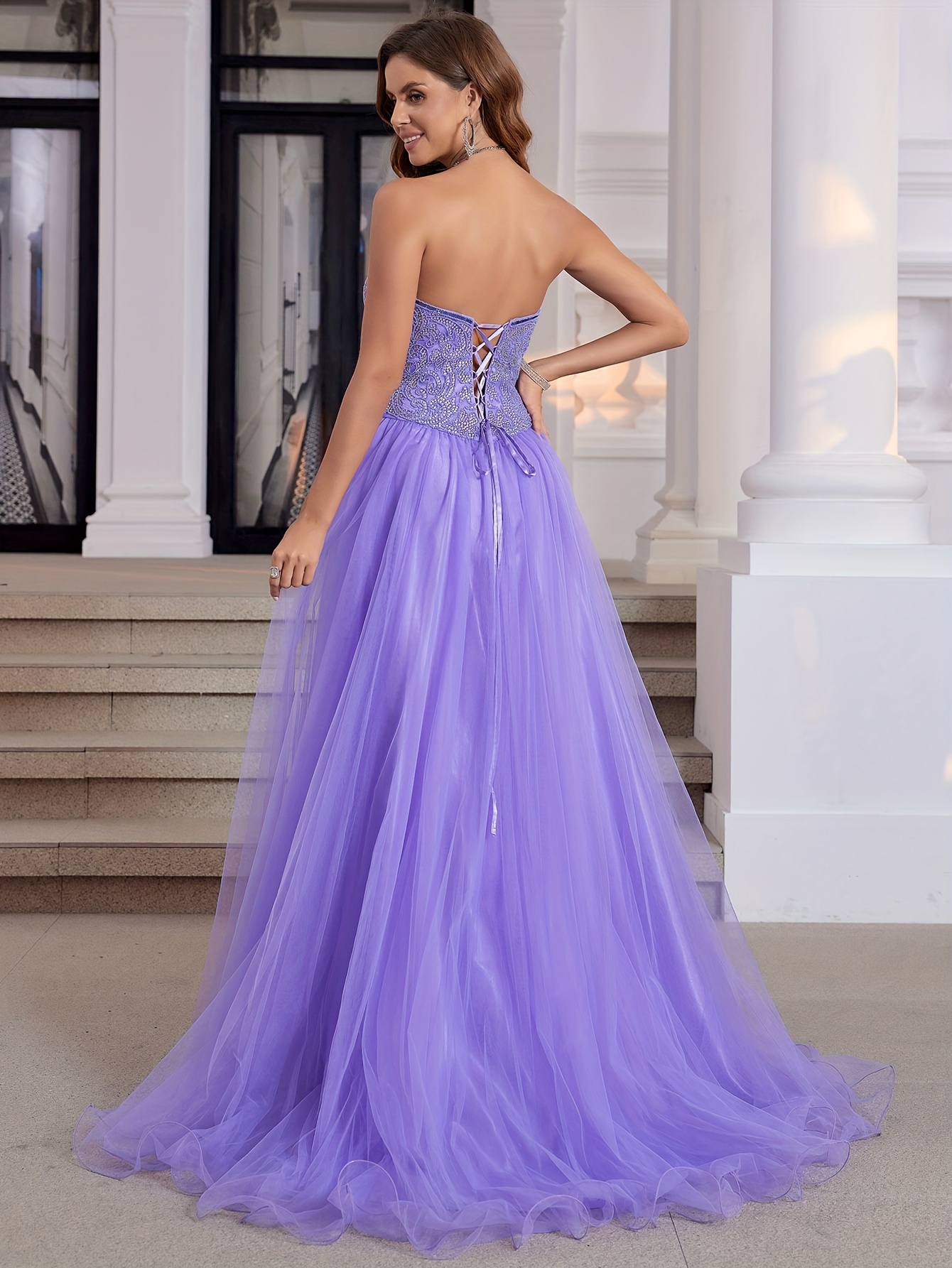 Luxury Crystal Hand Beaded Strapless -Line Evening Gown with Lace-Up Back & Full Train - Long Floor-Length Prom Dresses Suitable for Teens &, Weddings, Galas, Homecoming Parties - Image 3