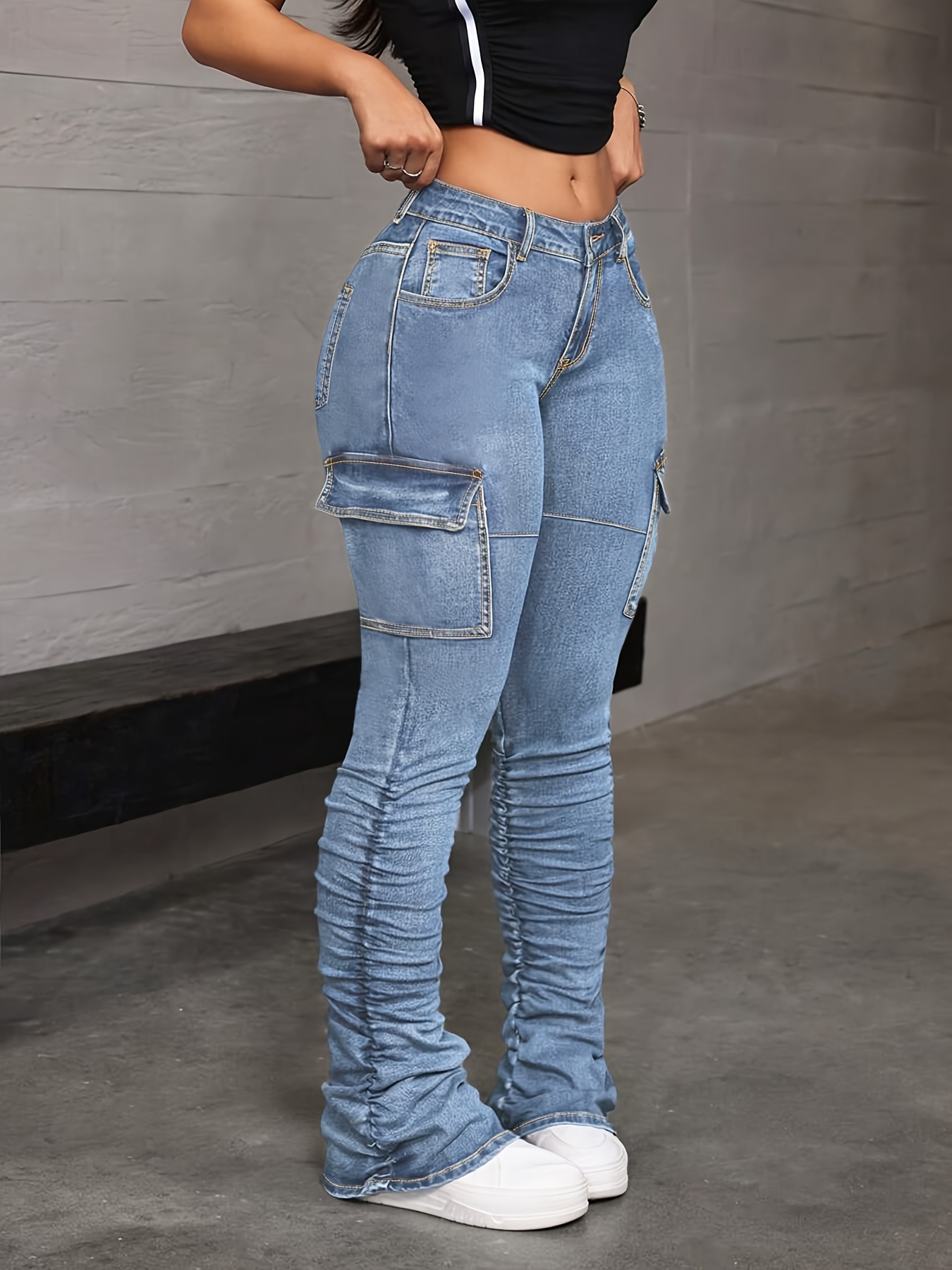 Plus Size High Waisted Cargo Jeans for Women - Blue High Stretch Denim with Side Flap Pockets, Patchwork & Ruched Cuffs, Street Fashion Trendy Style for Parties & Daily Outings - Image 5