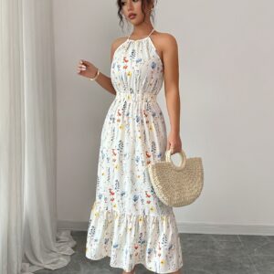 An Elegant Floral Print Halter Neck Dress with a Loose Waist And Back Tie, Perfect for Dates, Parties, Gatherings, And Beach Vacations
