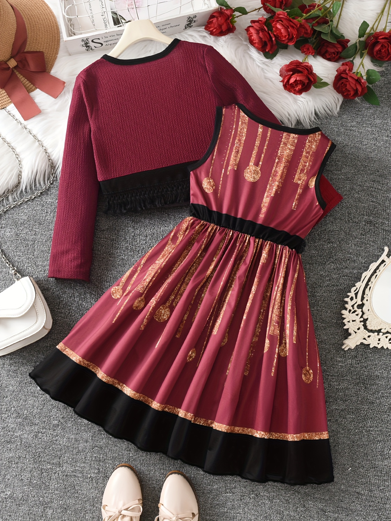 A Casual Dress for Girls Featuring a Random Print, Round Neck, And Bow, Paired with a Fringed Cardigan Set. Made from Comfortable, Skin-Friendly Fabric, It'S Perfect for Everyday Wear, Outdoor Activities, Parties, And Other Special Occasions - Image 5