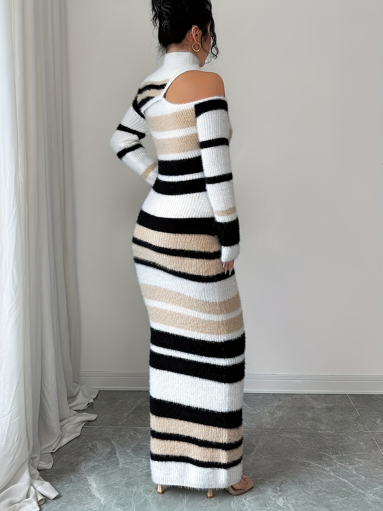 1pc Slim-Fit Extra-Long Style New Fashion Elegant Outdoor Back-to- Women's Multi-Color Semi-High Neck Versatile Pullover Dress, Spring Autumn Winter Three-Season Casual Wear Daily Essential Commuting Long Sleeve Contrast Color Sweater Dress, Chic - Image 3