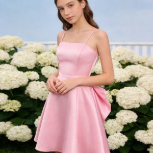Teenage Girl Dress, Pink Strapless Bow Formal Dress, Mid-sized Youngsters A-line Princess Dress, Suitable for Birthday Party Performances and Formal Occasions, for Teenager