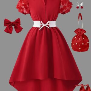 Spring And Autumn Valentine'S Day Fashion Dress for Girls with Delicate Red Floral Decoration, Short Sleeve, Collared Design. Sweet, Elegant, And Gentle Design with a Fitted Waist, Perfect for Holiday, Daily Outdoor Gatherings, And Parties