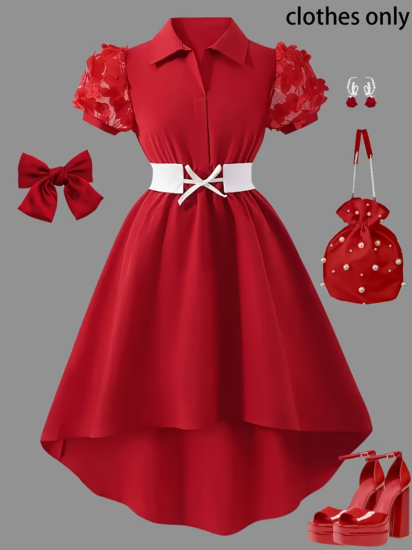 Spring And Autumn Valentine'S Day Fashion Dress for Girls with Delicate Red Floral Decoration, Short Sleeve, Collared Design. Sweet, Elegant, And Gentle Design with a Fitted Waist, Perfect for Holiday, Daily Outdoor Gatherings, And Parties