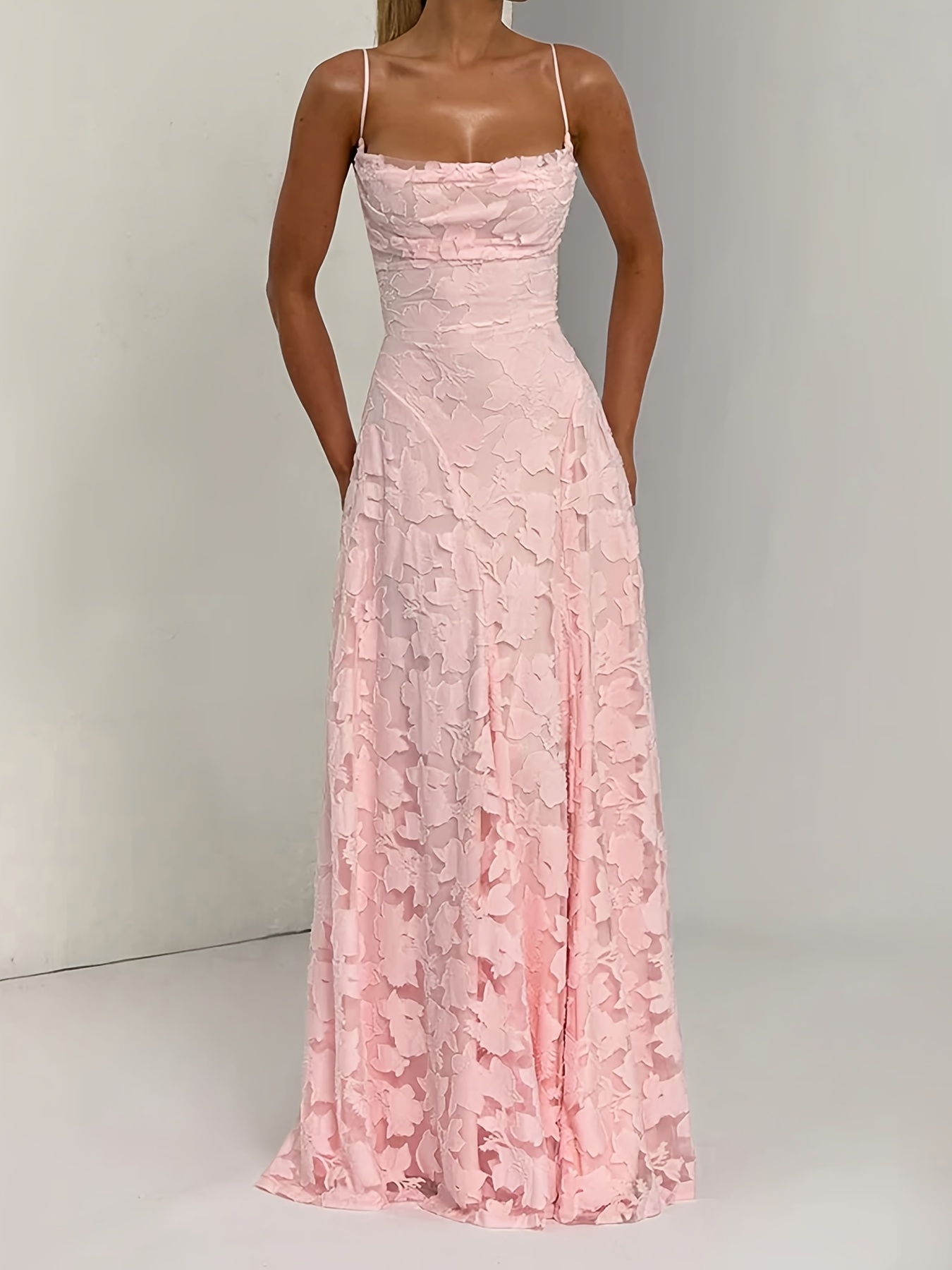 Sophisticated A-Line Party Dress for Women with Spaghetti Straps And Back Tie - Long Summer Formal Gown Made from Unique Fabric, Washable in Machine, Solid Hue Ideal for Weddings And Evening Gatherings, Perfect Attire for Wedding Guests