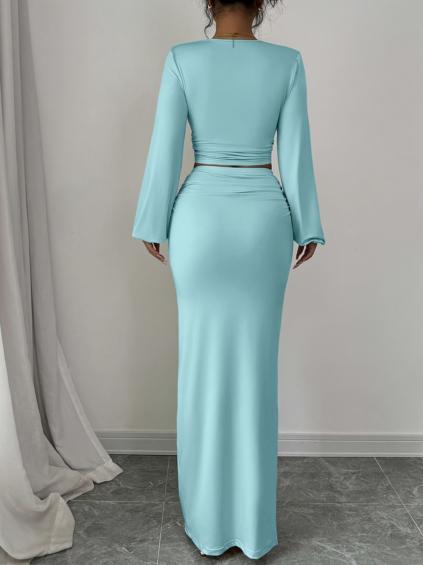 Women'S Elegant Slim-Fit V-Neck Long Sleeve Top & Pencil Skirt Two-Piece Set - Solid Light Blue, Structured Office to Semi-Formal Outfit, Tailored Silhouette for Spring/Autumn, Versatile Work to Semi-Formal Wear, Comfortable & Flattering Fit, Autumn Outfit, Spring Fashion, Stylish Ensemble, Highquality Material, Durable Construction, Matching Outfit, Autumn Wear, Fashion enthusiasts, Working Women, Sleek Style, Sturdy Design, Belt Included, Fashion Lovers - Image 3