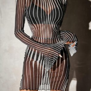 Women'S Sexy High Neck Bodycon Dress with Asymmetrical Hem & Slit - Black & Striped Long Sleeve Party Dress, All-Season Formal & Casual Outfits, Formal Evening Wear, Elegant Design, Stylish Outfit, Fashion Lovers