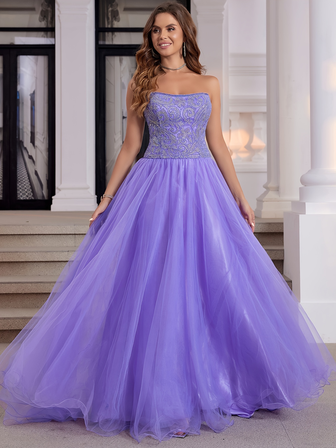 Luxury Crystal Hand Beaded Strapless -Line Evening Gown with Lace-Up Back & Full Train - Long Floor-Length Prom Dresses Suitable for Teens &, Weddings, Galas, Homecoming Parties - Image 2