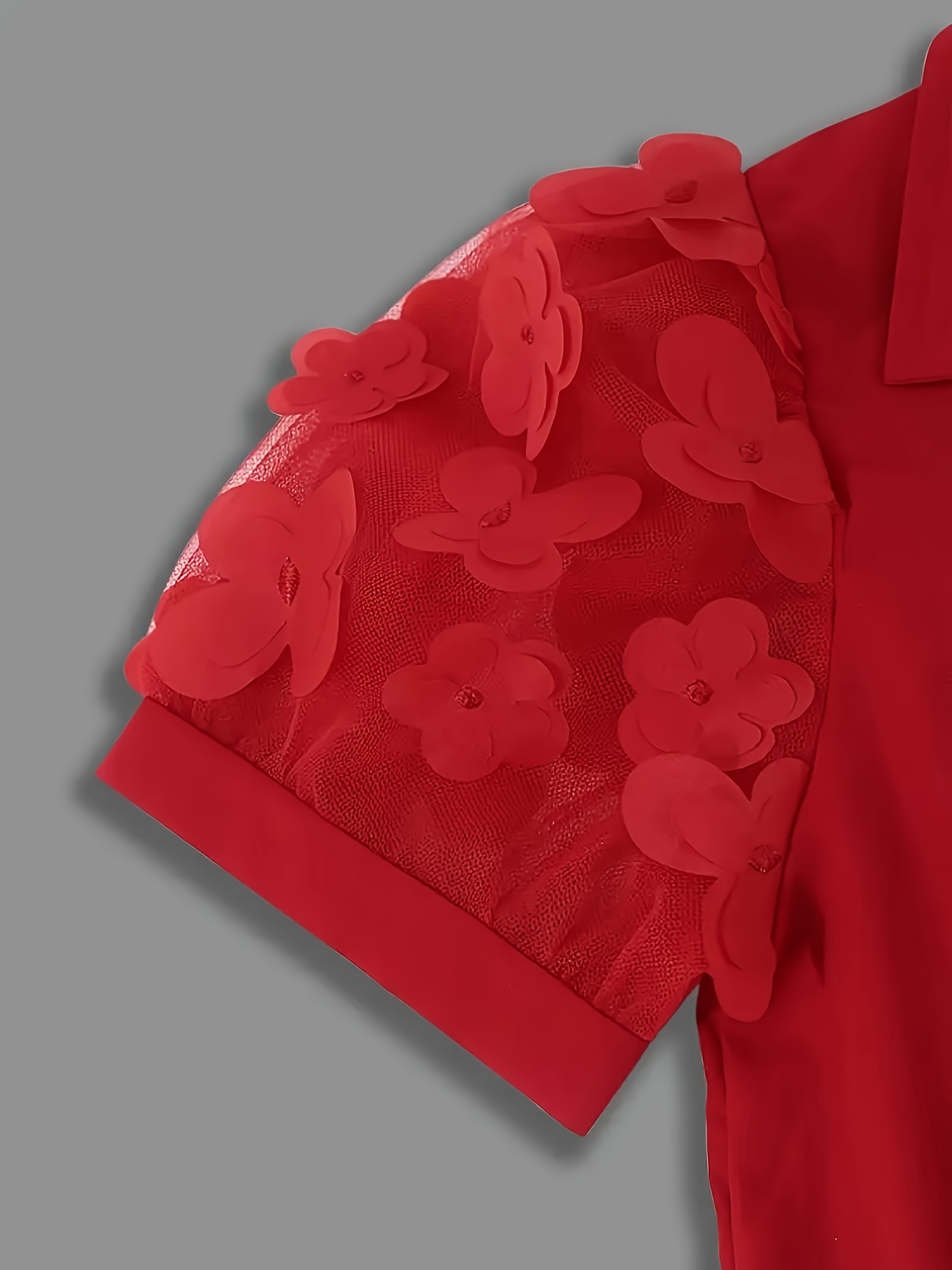 Spring And Autumn Valentine'S Day Fashion Dress for Girls with Delicate Red Floral Decoration, Short Sleeve, Collared Design. Sweet, Elegant, And Gentle Design with a Fitted Waist, Perfect for Holiday, Daily Outdoor Gatherings, And Parties - Image 4