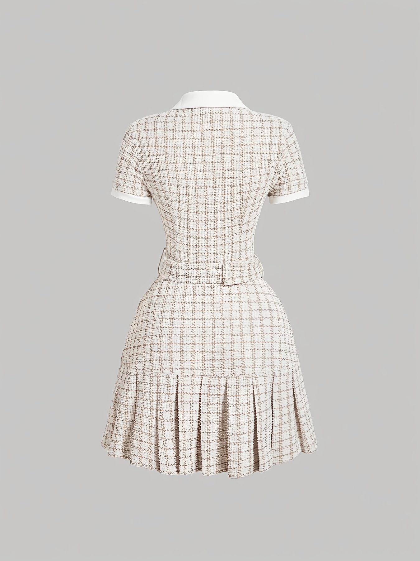 A Short-Sleeved Dress Featuring a Clear Checkered Pattern in a Vintage French Style, Combined with Retro Chess Prints. Perfect for Wear, It Embodies a Aesthetic with an Old-Money Vibe, Showcasing a Preppy Look. Adorned with Pearl Button Details And - Image 8