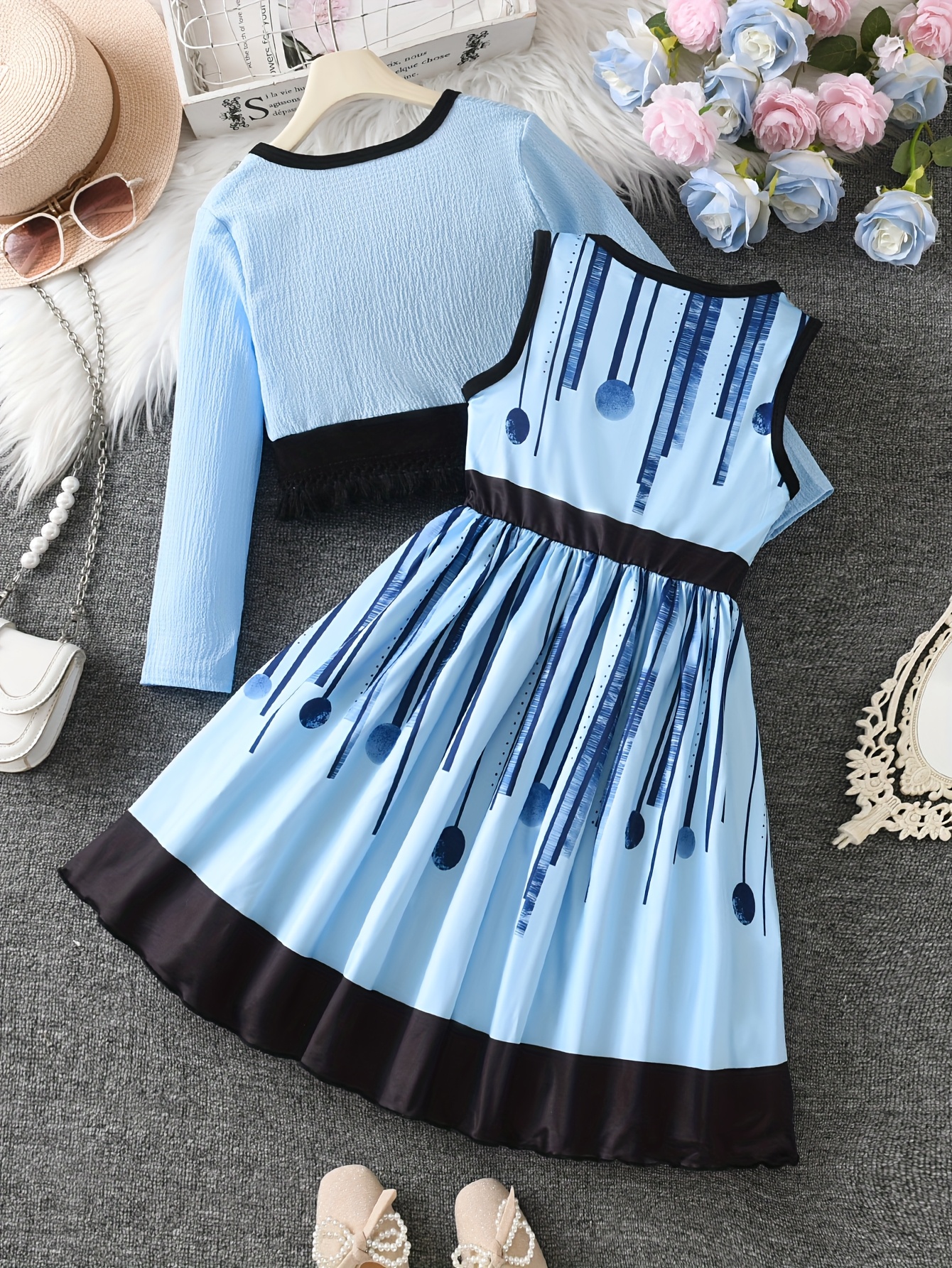 A Casual Dress for Girls Featuring a Random Print, Round Neck, And Bow, Paired with a Fringed Cardigan Set. Made from Comfortable, Skin-Friendly Fabric, It'S Perfect for Everyday Wear, Outdoor Activities, Parties, And Other Special Occasions - Image 6