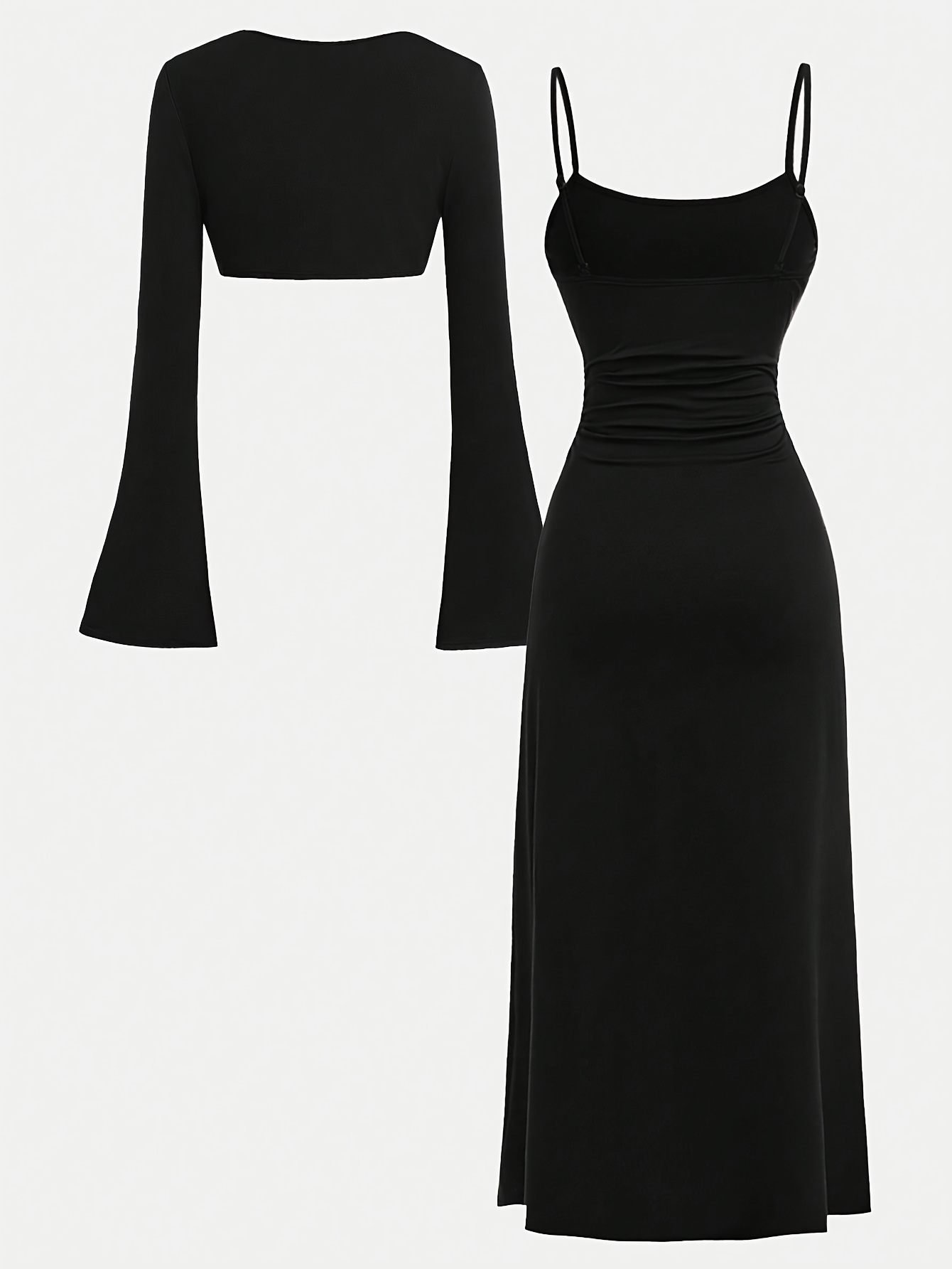 A Stylish Black Spaghetti Strap Dress for Teenage Girls Paired with a Short Black Bell-Sleeve Jacket, Perfect for Parties, Dates, And Other Occasions, Showcasing Feminine Charm, for Outdoor, For Teenager, For Teenager - Image 3