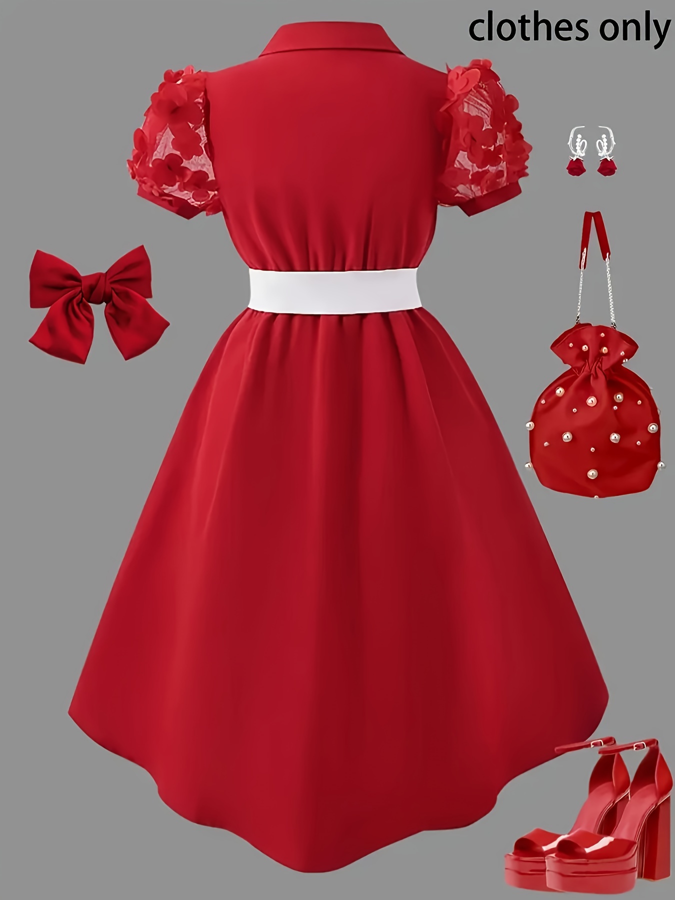 Spring And Autumn Valentine'S Day Fashion Dress for Girls with Delicate Red Floral Decoration, Short Sleeve, Collared Design. Sweet, Elegant, And Gentle Design with a Fitted Waist, Perfect for Holiday, Daily Outdoor Gatherings, And Parties - Image 2
