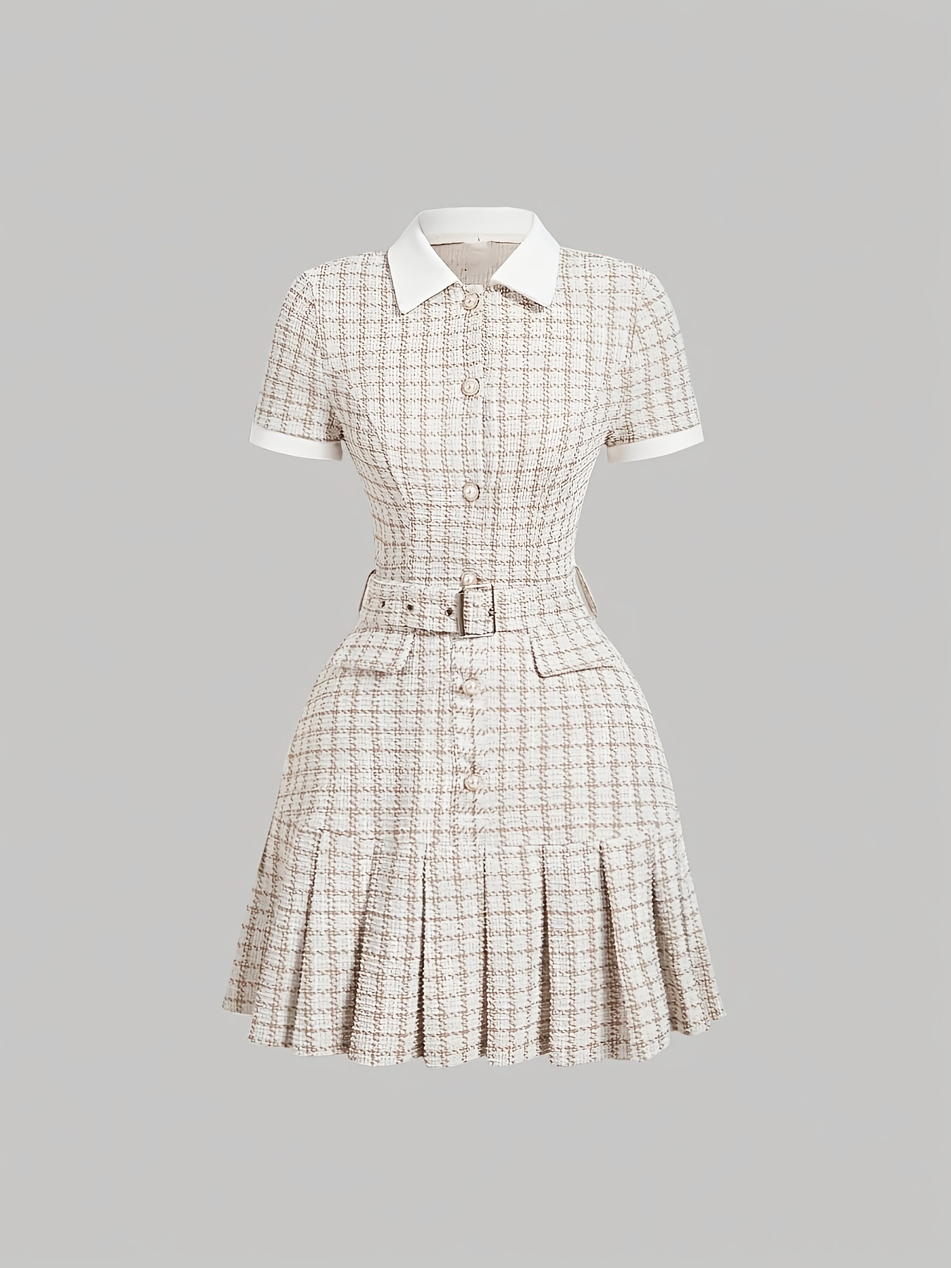A Short-Sleeved Dress Featuring a Clear Checkered Pattern in a Vintage French Style, Combined with Retro Chess Prints. Perfect for Wear, It Embodies a Aesthetic with an Old-Money Vibe, Showcasing a Preppy Look. Adorned with Pearl Button Details And - Image 4