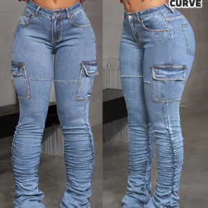 Plus Size High Waisted Cargo Jeans for Women - Blue High Stretch Denim with Side Flap Pockets, Patchwork & Ruched Cuffs, Street Fashion Trendy Style for Parties & Daily Outings