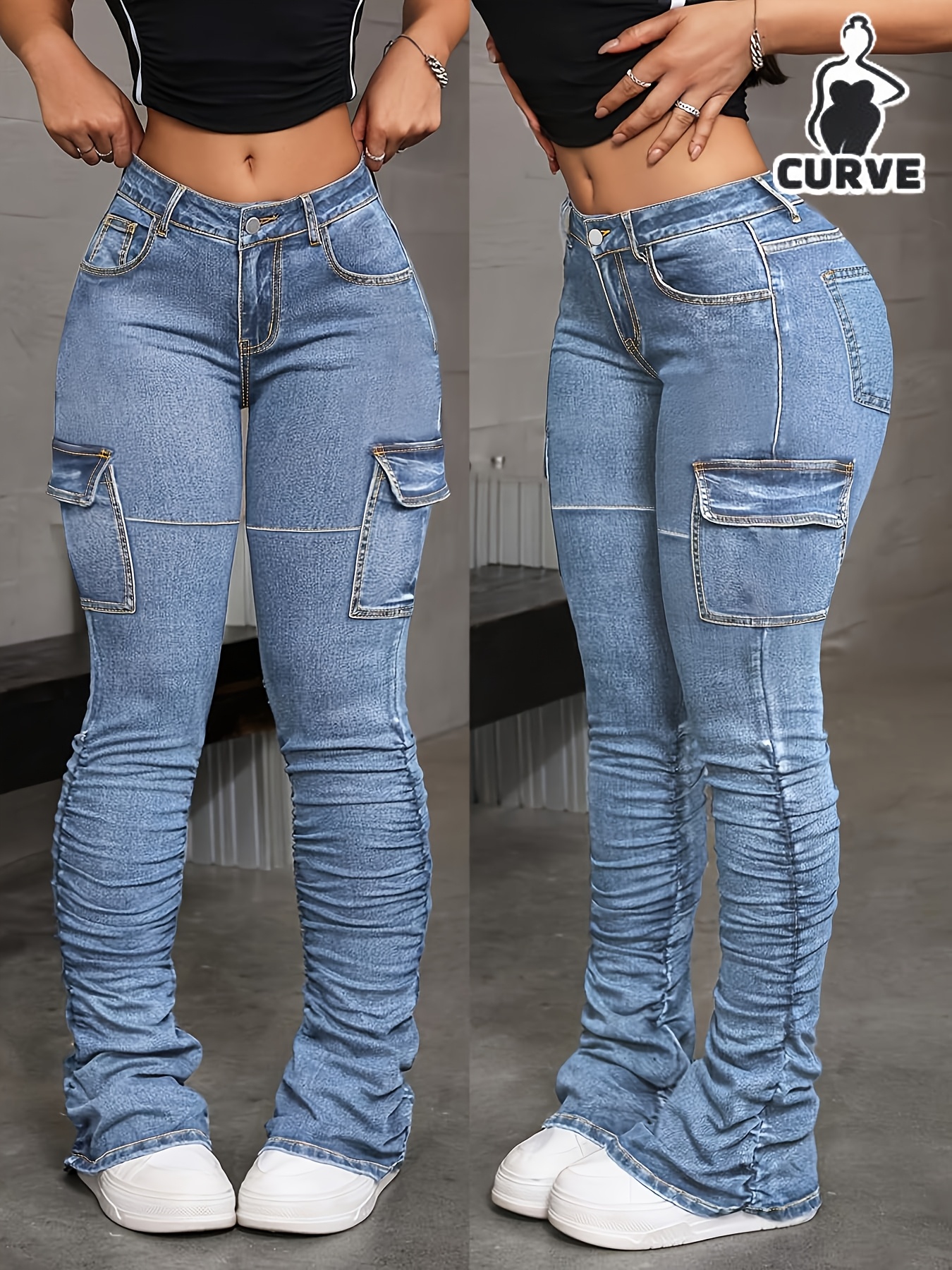 Plus Size High Waisted Cargo Jeans for Women - Blue High Stretch Denim with Side Flap Pockets, Patchwork & Ruched Cuffs, Street Fashion Trendy Style for Parties & Daily Outings